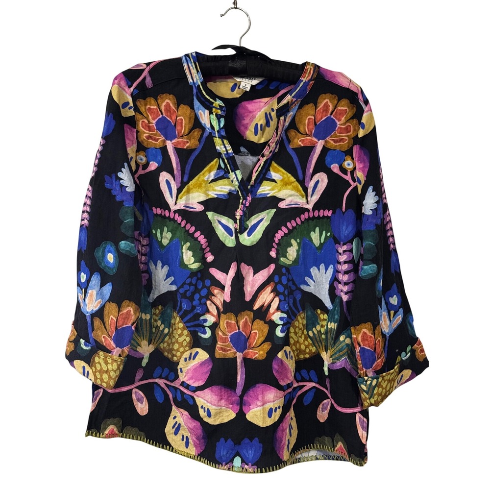 Tru Luxe Jeans Floral Tunic Top Black Multi Color Split Neck Blouse T35348BM S